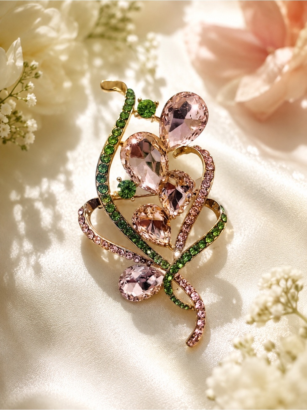Elegant Pink Crystal Floral Brooch with Green Accents